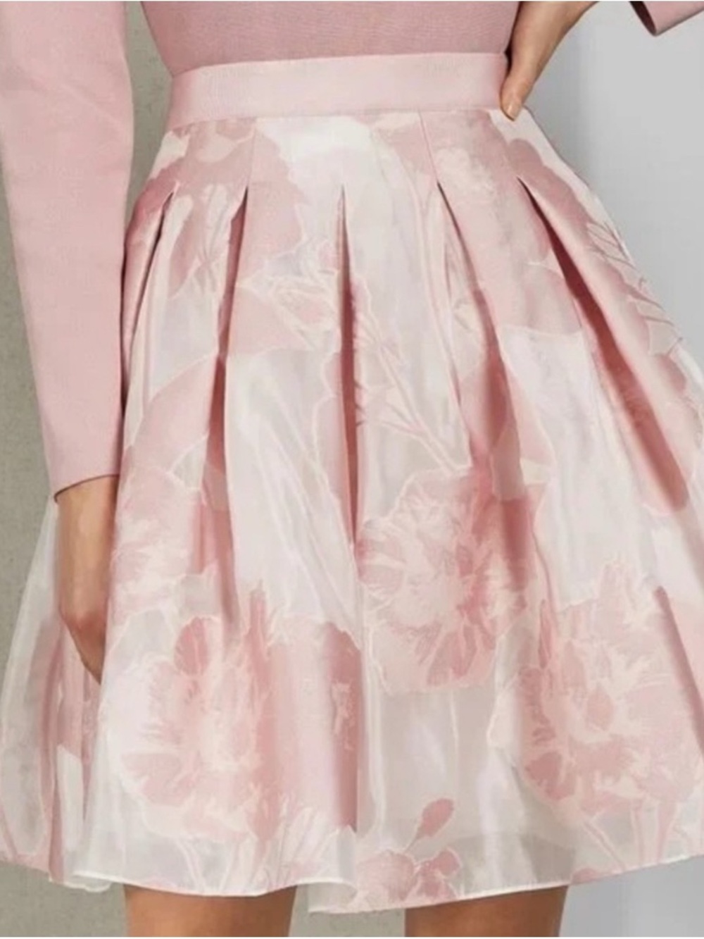 New Ted Baker Jacquard Pink Floral Fit-and-Flare Pleated Skirt Size 3 US 8